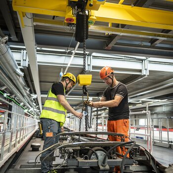 Bei Arbeiten auf dem Zugdach können die Mitarbeitenden mit einer Absturzsicherungen gesichert werden. 